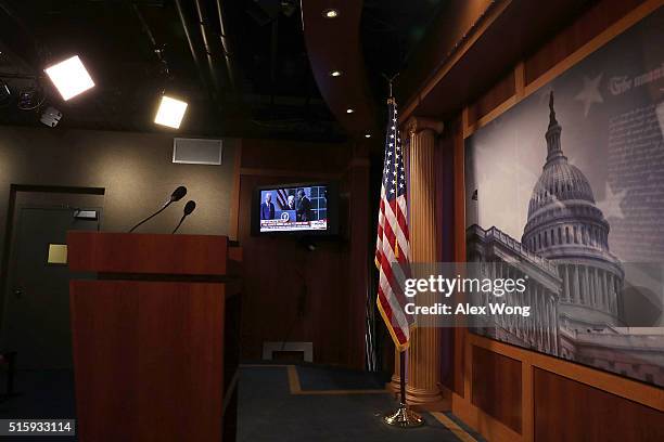 President Barack Obama's announcement for his Supreme Court nomination is shown on a TV in an empty Senate Radio TV Studio March 16, 2016 on Capitol...