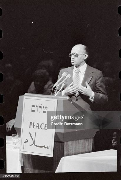New York, NY: Israeli Prime Minister Menachem Begin addresses gathering of major Jewish organizations at Avery Fisher Hall here 3/28. Begin, who...