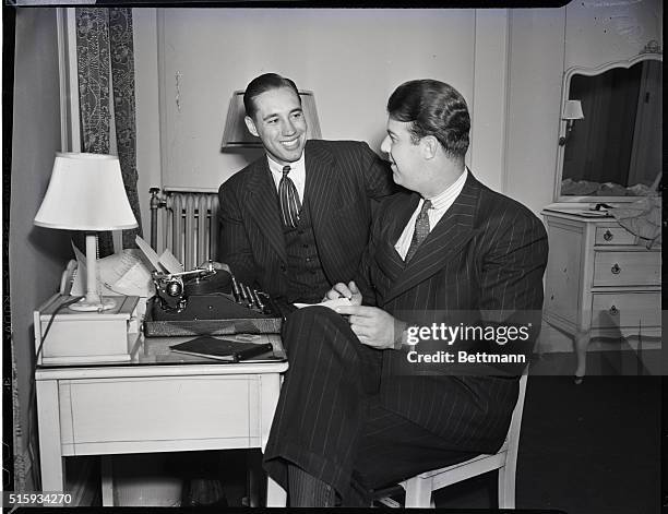 Chicago, IL: Newspaper reporter Gibbons, of Cleveland, learns how it feels to pitch a no-hit, no-run game from Bobby Feller, Cleveland Indians...