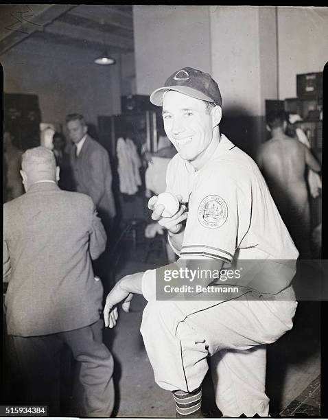 New York, NY: Cleveland Indians' pitcher Bob Feller poses in the locker room after pitching a no-hit no-run game against the New York Yankees at...