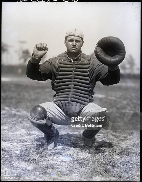 Fort Meyers, FL: Jimmy Foxx, catcher of the Philadelphia Athletics, in a squatting catcher's position. He is in Florida at spring training.