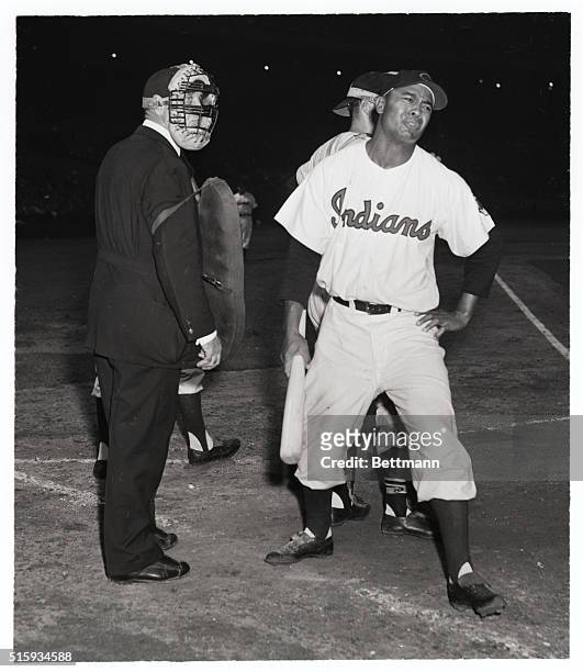 Cleveland, OH: A pained expression covers the face of Larry Doby of the Cleveland Indians after umpire Charlie Berry called him out on strikes in the...