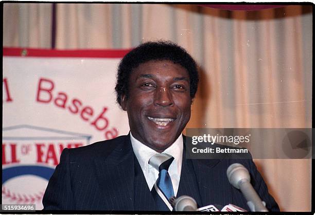 New York, NY: Giants' star Willie McCovey at a press conference upon his election to the Baseball Hall of Fame. A star in the late 50's through the...