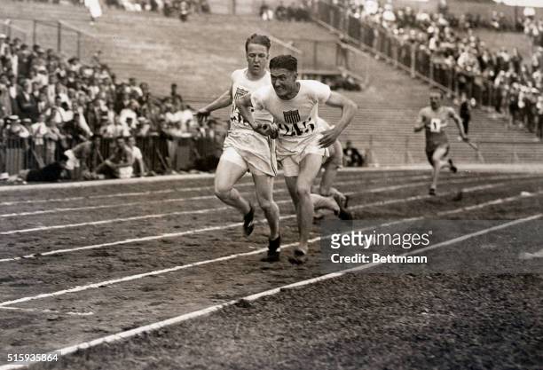 Paris, France- Here is an exceptionally fine action picture made during the running of the 400-meter relay race, in which the American quartet...