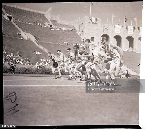 Los Angeles, CA- Crack middle distance racers of all countries are shown leaving the starting line for the beginning of the finals of the 1500-meter...