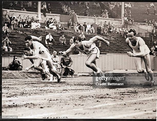 London, England- Here you see Bob Mathias, The photo shows Mathias in the 100-meter in which he placed second. The men are shown at the staring line...