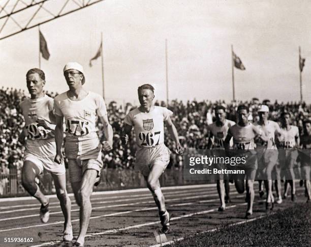 Paris, France- Paavo Nurmi of Finland prepares to take the lead at the finish of the 3,000 meter Olympic race.