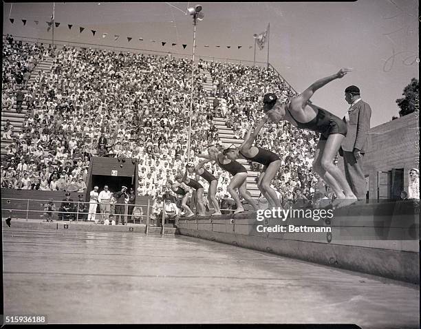 Los Angeles, CA: Olympic Games, 1932. Photo shows the start of the men's 400-meter freestyle final in which Buster Crabbe won first place. Lane one-...