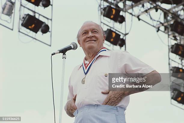Actor and comedian Bob Hope at the first National Senior Games or 'Senior Olympics' in St. Louis, Missouri, June 1987.