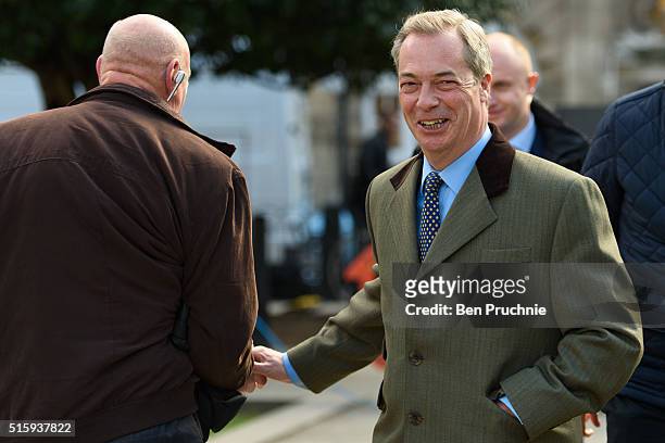 Leader Nigel Farage arrives in Westminster for an interview after British Chancellor of the Exchequer, George Osborne reveals the 2016 budget...