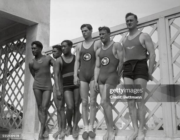 Photo shows Duke Kahanamoku, Charles Pung, Pua Keoloha, Johnny Weismuller, Harold Krueger and jack Robertson, certain point winners for Uncle Sam in...