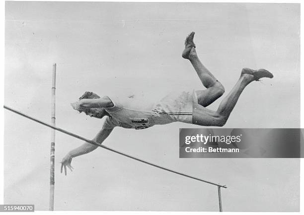 Paris: Olympic Athlete At Colombes Stadium. Photo shows Lee Barnes, the California high school boy, making his winning leap of 12 feet 11 1/8 inches...