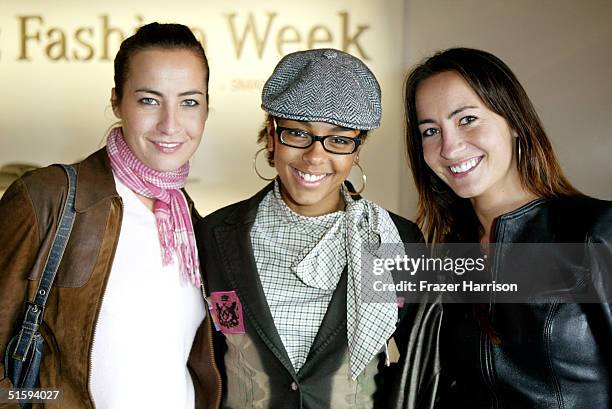 Actresses Teena Collins, Marsha Thomason and Nikki Collins pose backstage at the Ella Moss Spring 2005 show at the Mercedes-Benz Fashion Week at...