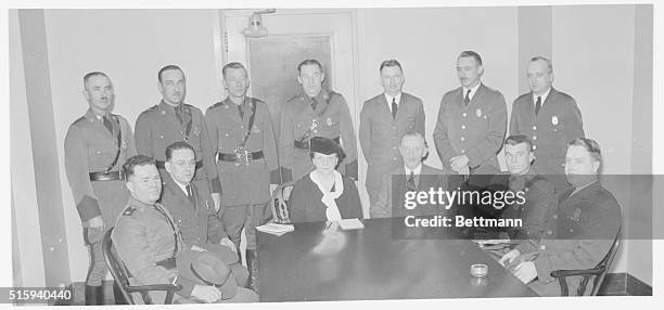 Border Patrolmen Greeted by Secretary of Labor. Washington, DC: Secretary of Labor Frances Perkins greeted members of the Border Patrol and Bureau of...