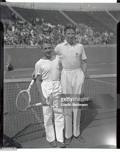 Bryan "Bitsy" Grant , of Atlanta, Georgia, and Donald Budge, of California, pictured before their quarter-finals match in the Men's National Tennis...