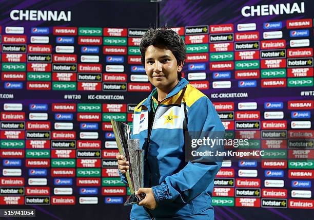 Player of the match Anam Amin of Pakistan poses during the Women's ICC World Twenty20 India 2016 match between West Indies and Pakistan at MA...