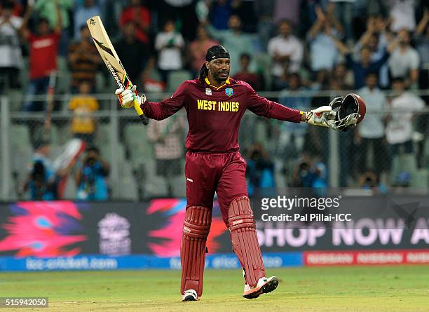 Mumbai, INDIA Chris Gayle of the West Indies celebrates his century during the ICC World Twenty20 India 2016 match between West Indies and England at...