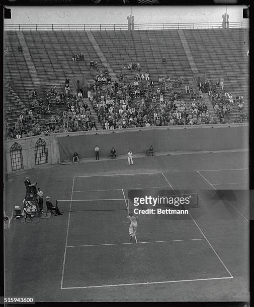 General view of the quarter-finals match between Bryan "Bitsy" Grant of Atlanta , and Donald Budge of California, in the Men's National Tennis...