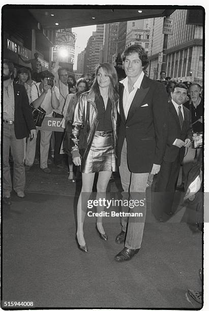 Christopher Reeve in accompanied by his girlfriend, model agency owner Gae Exton, to the premiere of Superman II, which stars Reeve as the Man of...