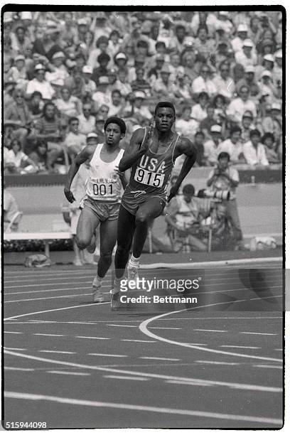 Sprinter Carl Lewis runs the 200-meter sprints in the first heat of the Los Angeles Olympics in 1984.