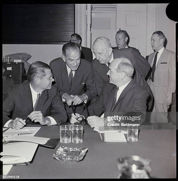 Secretary of State Dean Rusk and Defense Secretary Robert McNamara talk to Senator William Fulbright, Chairman of the Senate Foreign Relations...