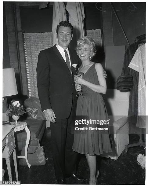 New York, NY: Actor Rock Hudson goes backstage at the Latin Quarter Feb. 21 to congratulate actress Marilyn Maxwell after her opening performance of...