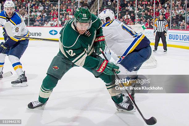 David Jones of the Minnesota Wild skates against the St. Louis Blues during the game on March 6, 2016 at Xcel Energy Center in St. Paul, Minnesota.