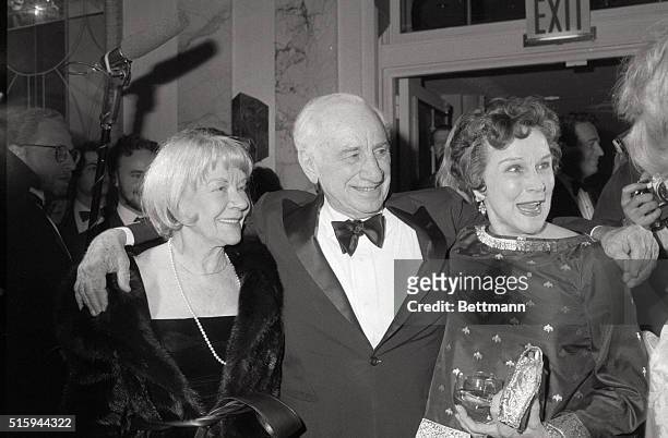 Director Elia Kazan stands in between actresses Jo Van Fleet and Kim Hunter at the Waldorf-Astoria in New York on January 19, 1987. Kazan was honored...