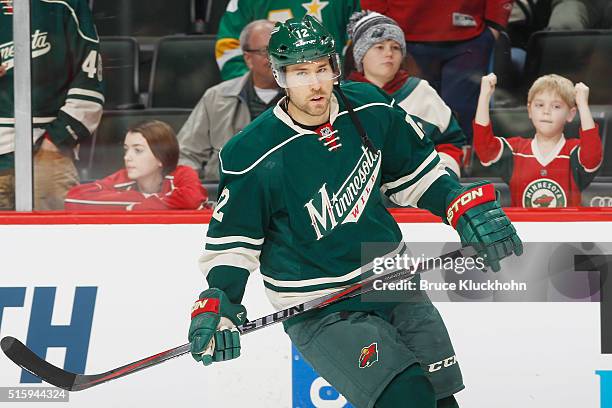 David Jones of the Minnesota Wild skates during warm ups prior to the game against the St. Louis Blues on March 6, 2016 at Xcel Energy Center in St....