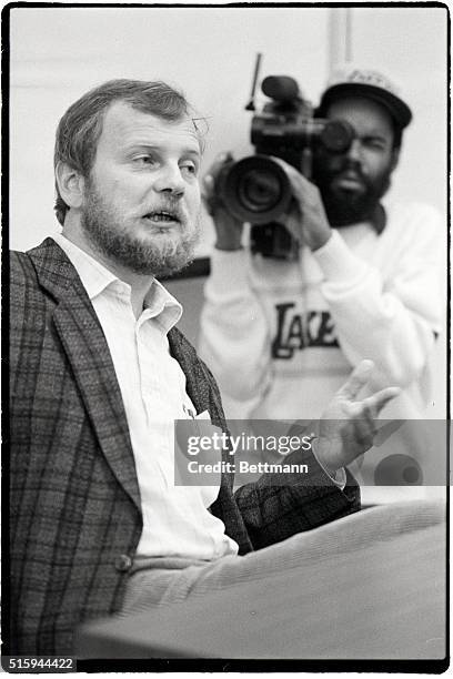 Michel Hartmut talks to reporters at Yale University Medical School after learning he is a co-winner of the Nobel Prize in chemistry. New Haven,...