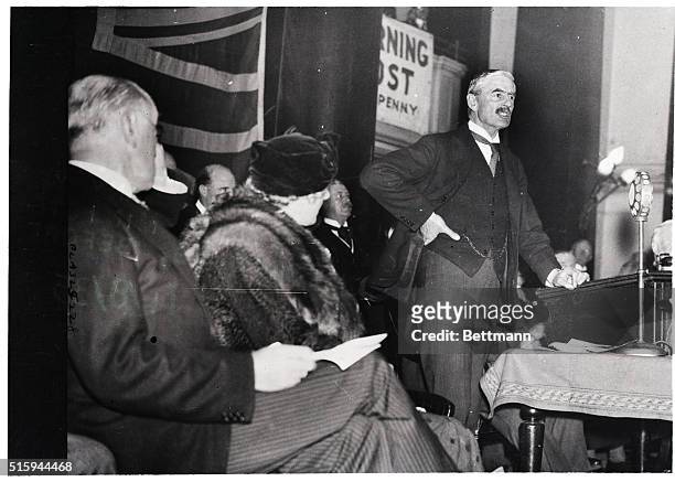Neville Chamberlain, while Chancellor of the Exchequer, speaks prior to a general election in 1935. London