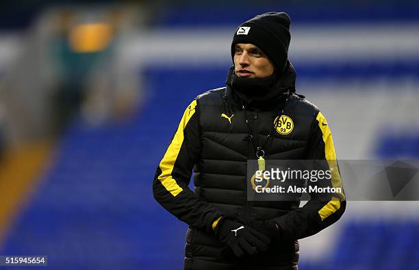 Thomas Tuchel, Head Coach of Borussia Dortmund looks on during a training session ahead of the UEFA Europa League round of 16 second leg match...