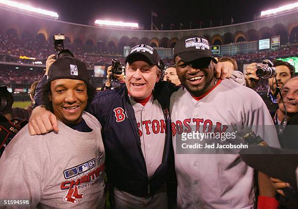 Pedro Martinez, Curt Schilling and David Ortiz 34 of the Boston Red Sox celebrate after defeating the St. Louis Cardinals 3-0 in game four of the...