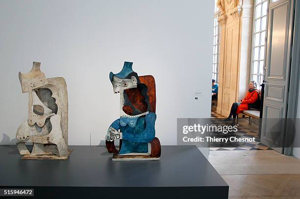 Sculptures "Femme au chapeau" by Pablo Picasso are displayed during the exhibition "Picasso.Sculptures" at the Picasso Museum, on March 16, 2016 in...