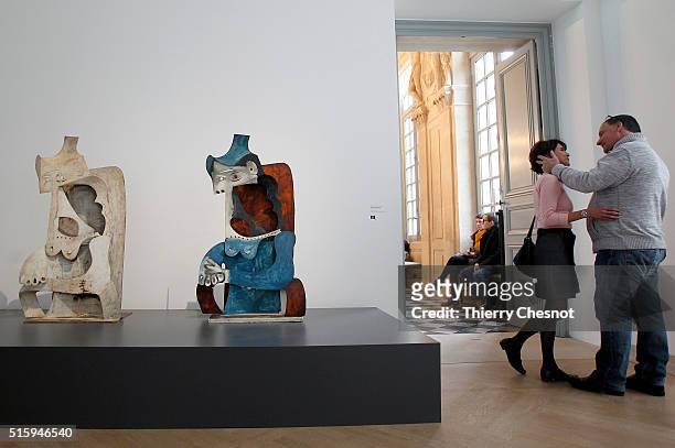 Sculptures "Femme au chapeau" by Pablo Picasso is displayed during the exhibition "Picasso.Sculptures" at the Picasso Museum, on March 16, 2016 in...