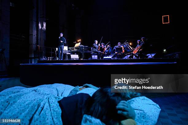 Max Richter, Ian Humphries, Natalia Bonner, Nick Barr, Chris Worsley and Ian Burdge perform on stage during the public world premiere of Max...