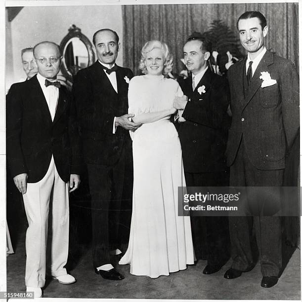 Jean Harlow at marriage to Paul Bern, film executive, 1932 with stepfather Count Bello and best man, John Gilbert.
