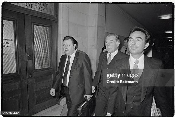 Noted defense lawyer F. Lee Bailey, flanked by his lawyers Al Johnson[l] and Robert Shapiro, arrives at San Francisco municipal court to defend...