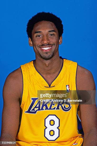 Kobe Bryant of the Los Angeles Lakers poses for a portrait during Media Day on October 1, 2002 at the Great Western Forum in Inglewood, California....