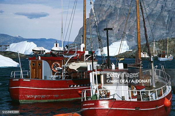 Vessels in Umanak port, Qaasuitsup, Greenland.