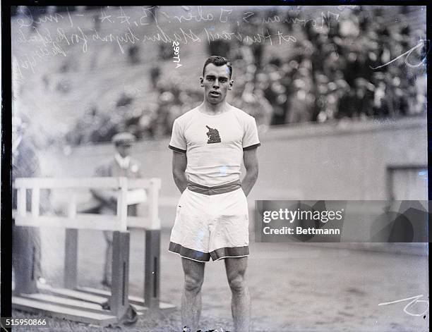 June 26, 1915-Cambridge, MA: Harvard Stadium- Norman S. Taber, B.A.A., winner of mile run at Eastern tryouts for Panama Pacific exposition.