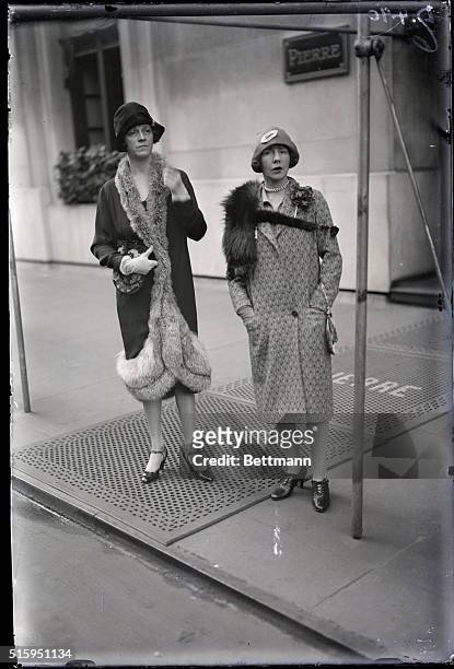 Smart set in front of Hotel Pierre. Mrs. Robert Goddard and Mrs. Roland Hazzard. Photograph, ca 1920.