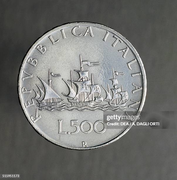 Lire silver coin obverse, the three caravels of Christopher Columbus. Italy, 20th century.
