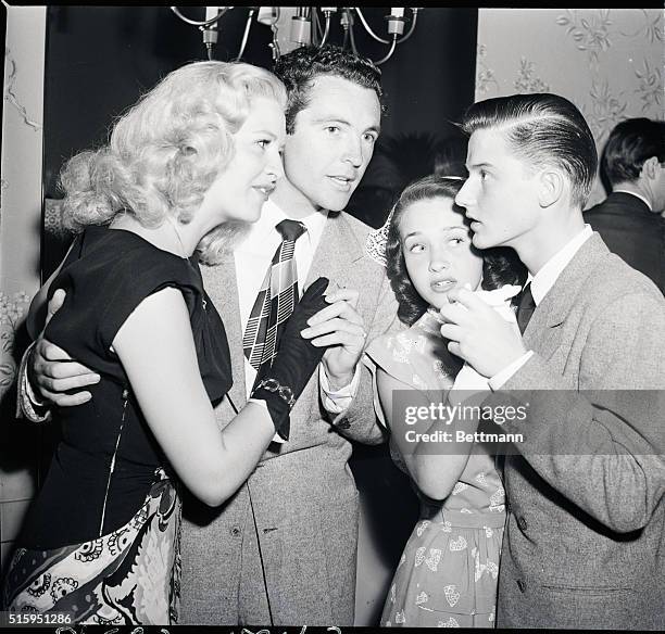 Beverly Hills, CA: Roddy MacDowell, young star of 20th Century Fox andhis pert and pretty partner Jane Powell, stop to chat with Marilyn Maxwell and...