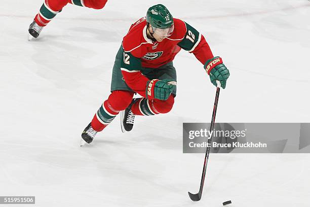 David Jones of the Minnesota Wild skates with the puck against the Edmonton Oilers during the game on March 10, 2016 at the Xcel Energy Center in St....