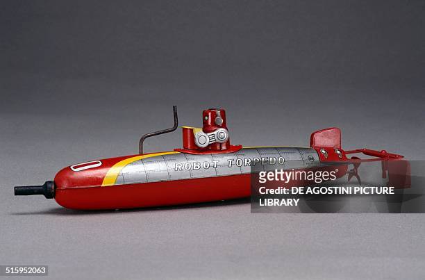 Torpedo robot, space submarine piloted by a robot, lithographed tin toy, friction-drive, made by Marusan Toy. Japan, 20th century. Milan, Museo Del...