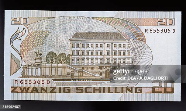 Schilling banknote reverse, Albertina Museum in Vienna. Austria, 20th century.