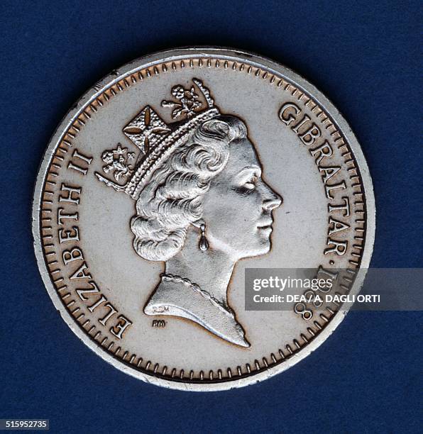 Pence coin obverse, queen Elizabeth II Windsor . Gibraltar, 20th century.