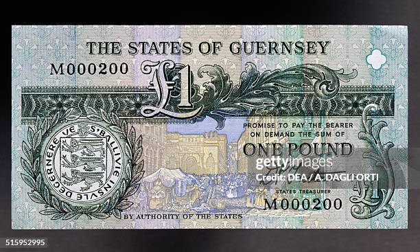 Pound banknote, 1980-1989, obverse, market in St Peter Port. Guernsey, 20th century.