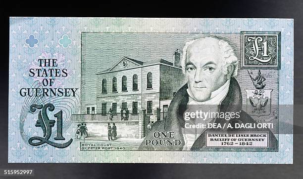 Pound banknote, 1980-1989, reverse, Daniel De Lisle Brock and the Royal Court in St Peter Port. Guernsey, 20th century.